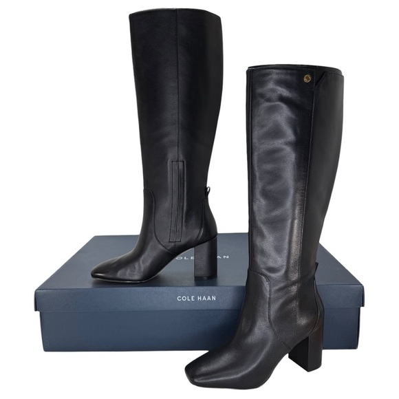 Cole Haan Shoes - Cole Haan Chrystie Black Leather 75MM Knee High Heeled Womens Boots Size 7M